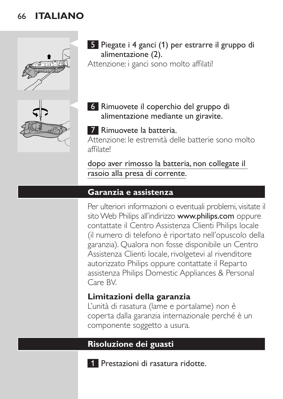 Limitazioni della garanzia, Garanzia e assistenza, Risoluzione dei guasti | Philips Rasoir électrique User Manual | Page 64 / 104