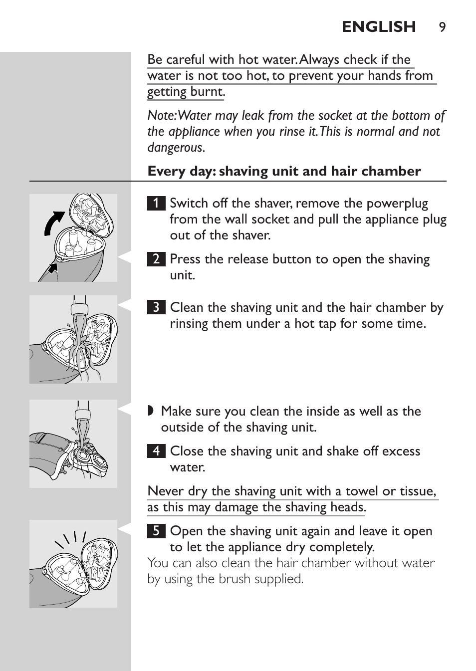 Every day: shaving unit and hair chamber | Philips Rasoir électrique User Manual | Page 7 / 104