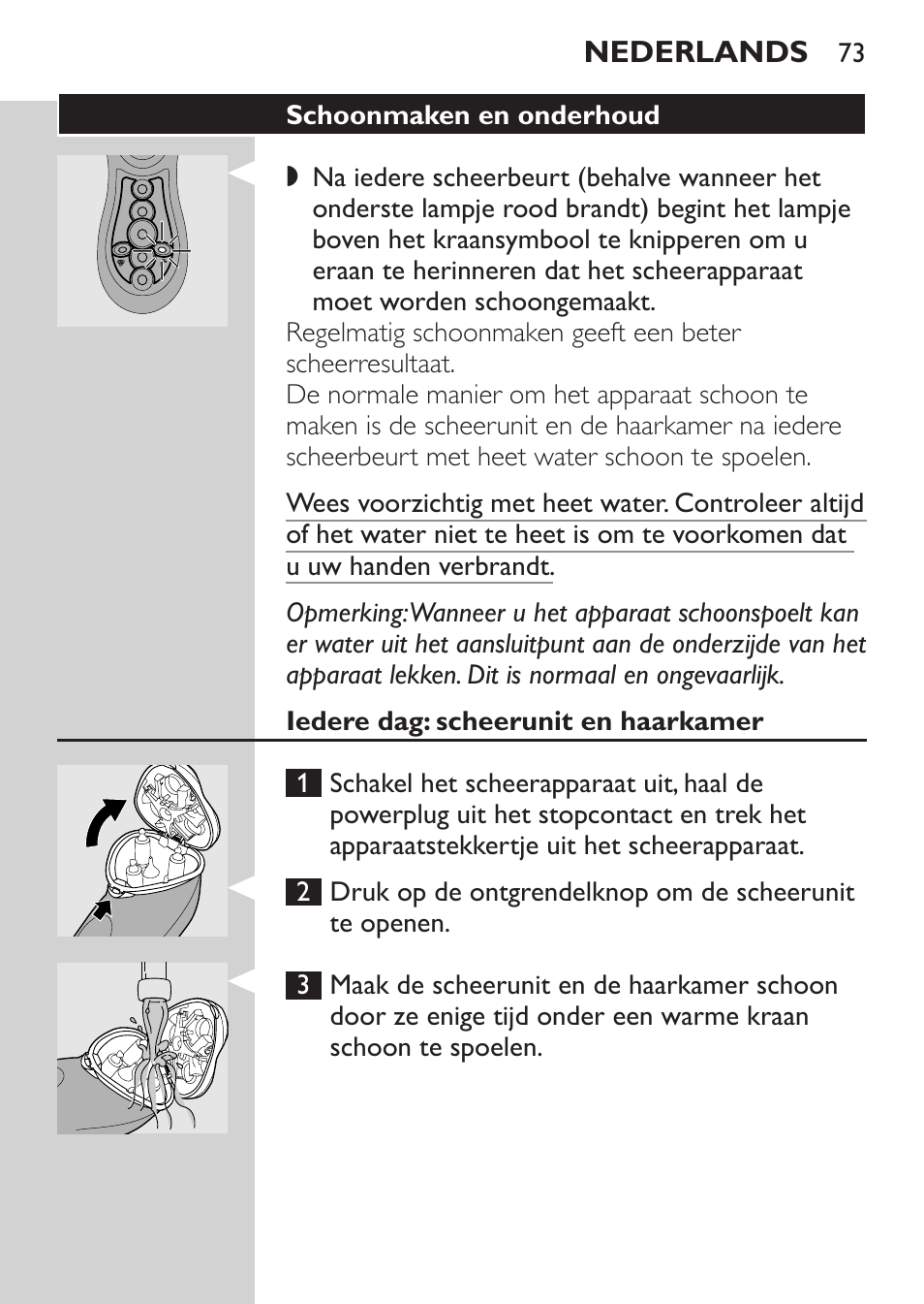 Schoonmaken en onderhoud, Iedere dag: scheerunit en haarkamer | Philips Rasoir électrique User Manual | Page 71 / 104