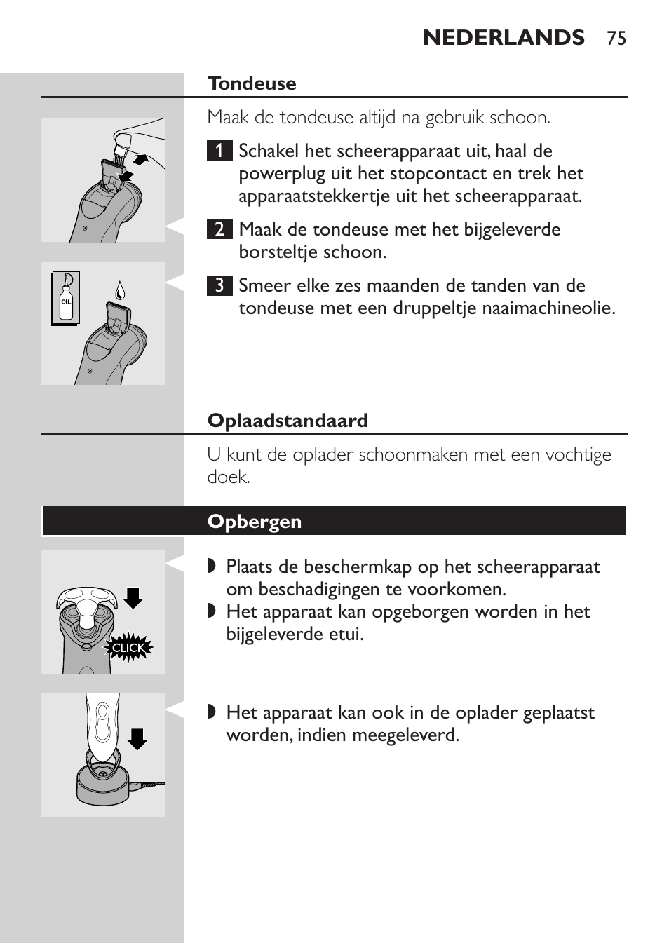 Tondeuse, Oplaadstandaard, Opbergen | Philips Rasoir électrique User Manual | Page 73 / 104