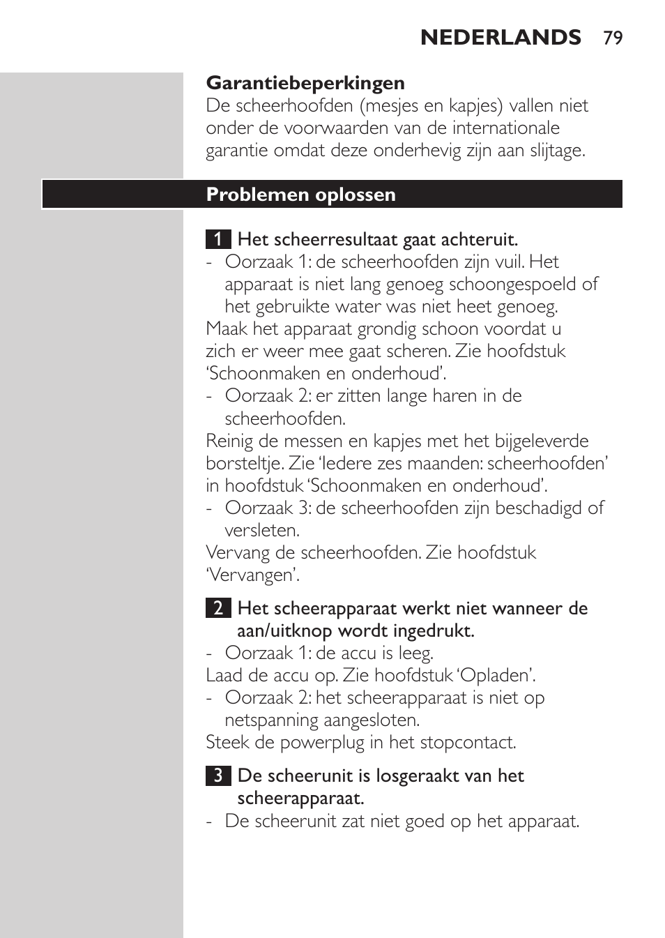 Garantiebeperkingen, Problemen oplossen | Philips Rasoir électrique User Manual | Page 77 / 104