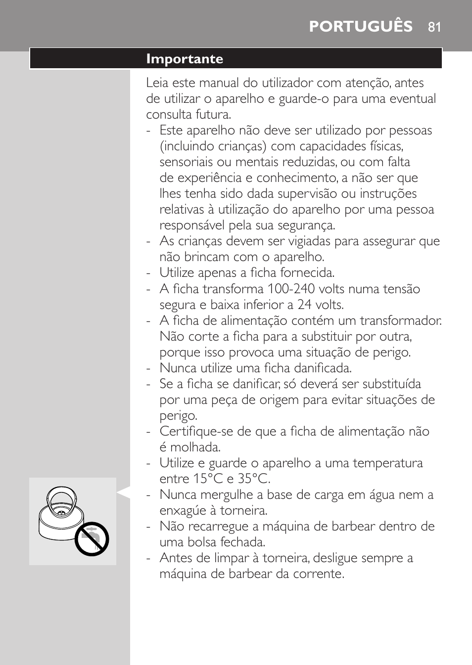 Português, Importante | Philips Rasoir électrique User Manual | Page 79 / 104