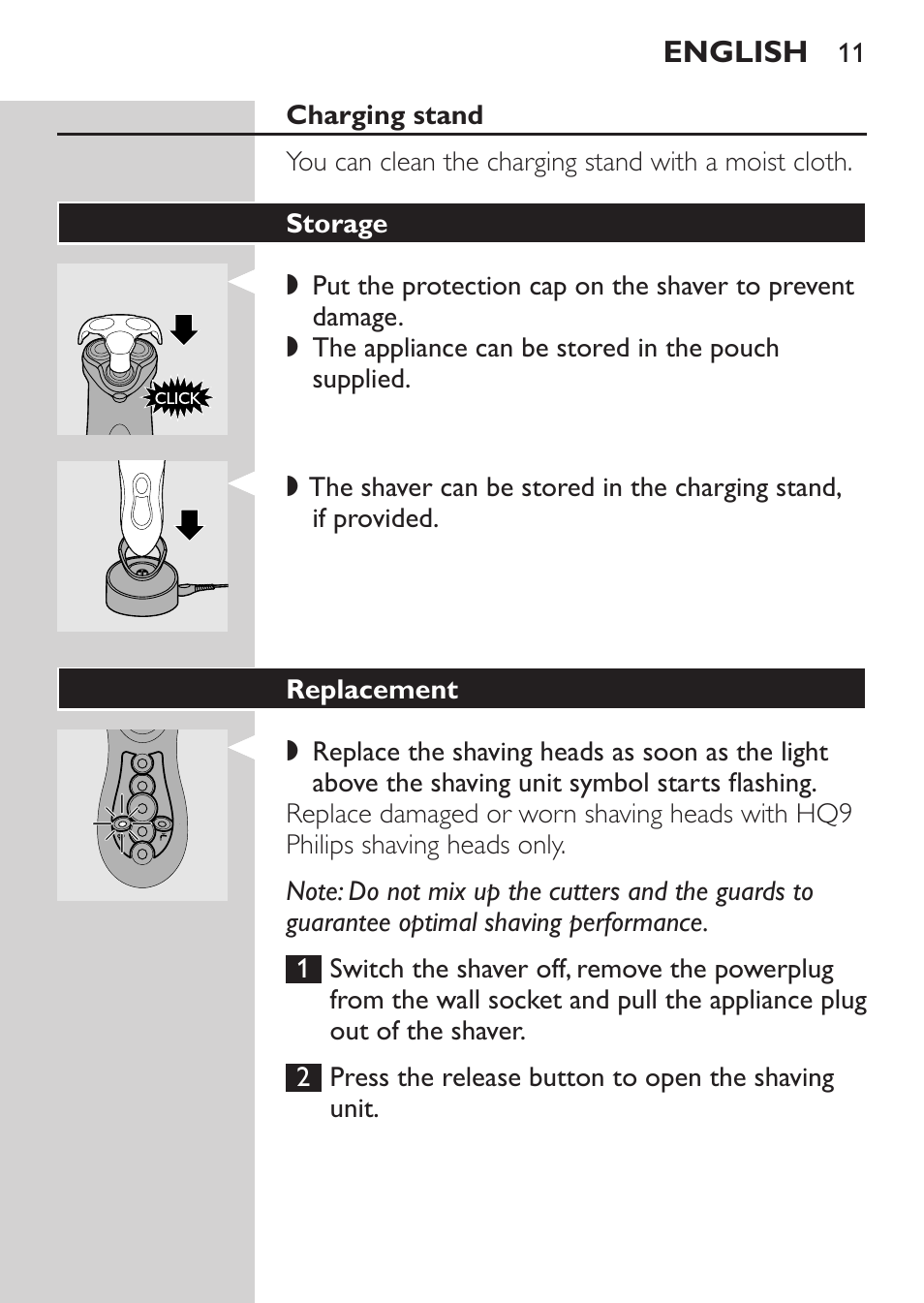 Charging stand, Storage, Replacement | Philips Rasoir électrique User Manual | Page 9 / 104