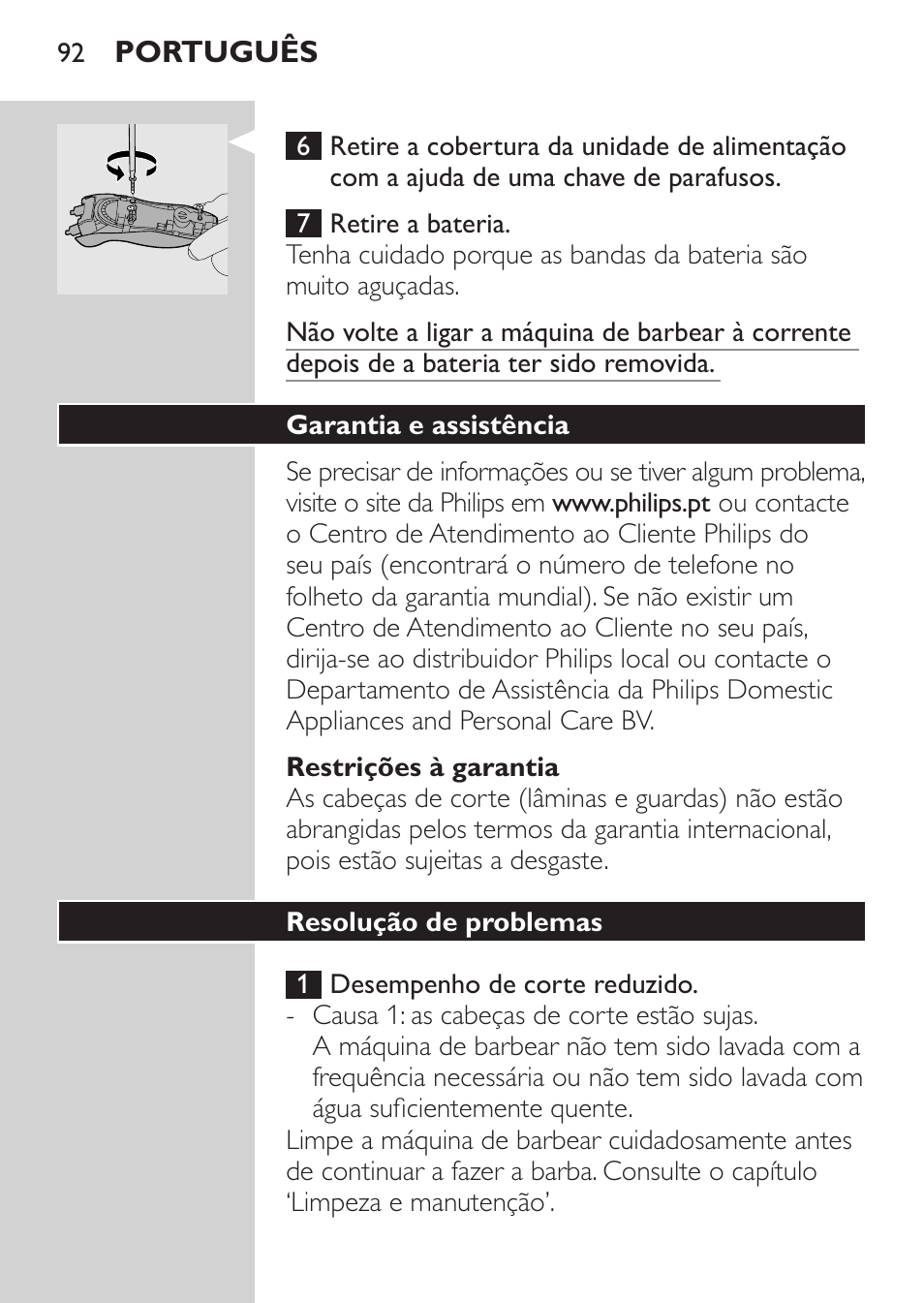 Restrições à garantia, Garantia e assistência, Resolução de problemas | Philips Rasoir électrique User Manual | Page 90 / 104