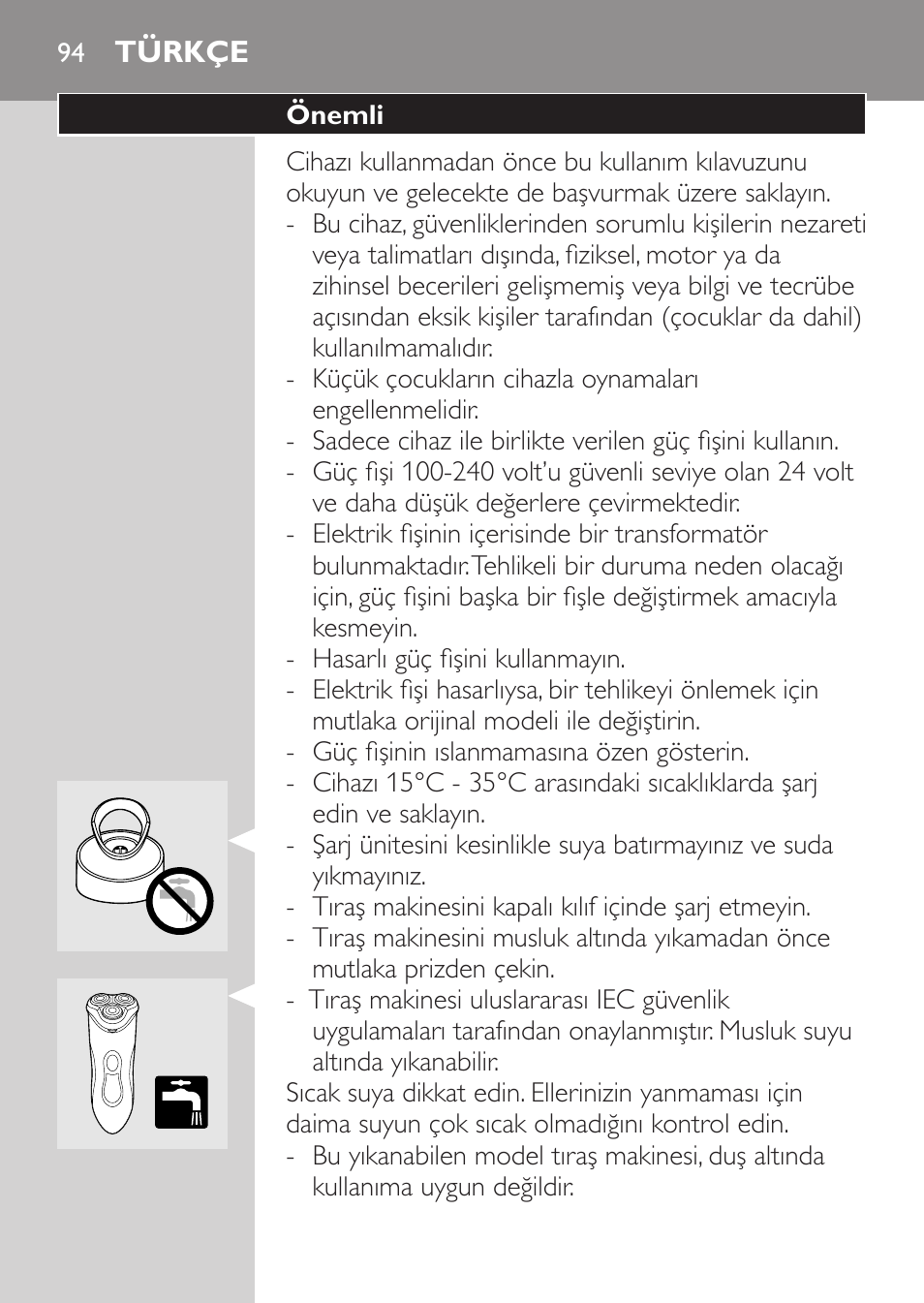 Türkçe, Önemli | Philips Rasoir électrique User Manual | Page 92 / 104