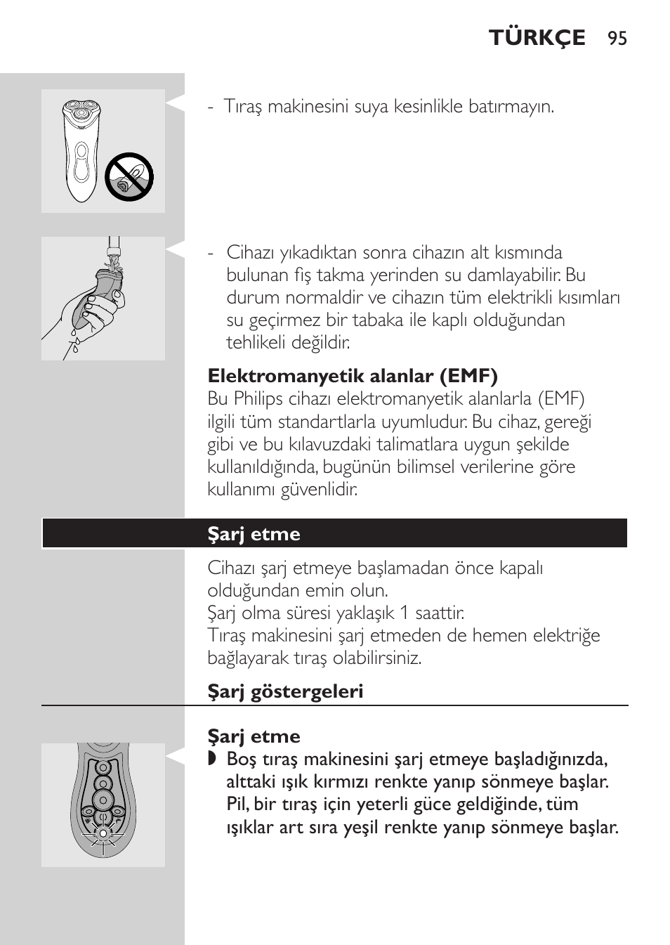 Elektromanyetik alanlar (emf), Şarj etme, Şarj göstergeleri | Philips Rasoir électrique User Manual | Page 93 / 104