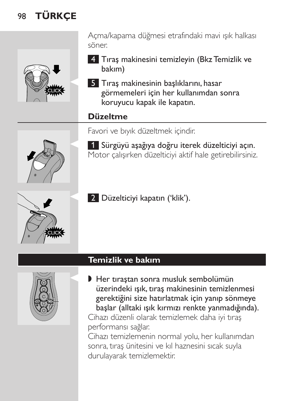 Düzeltme, Temizlik ve bakım | Philips Rasoir électrique User Manual | Page 96 / 104