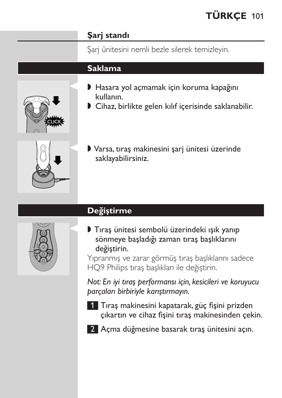 Şarj standı, Saklama, Değiştirme | Philips Rasoir électrique User Manual | Page 99 / 104
