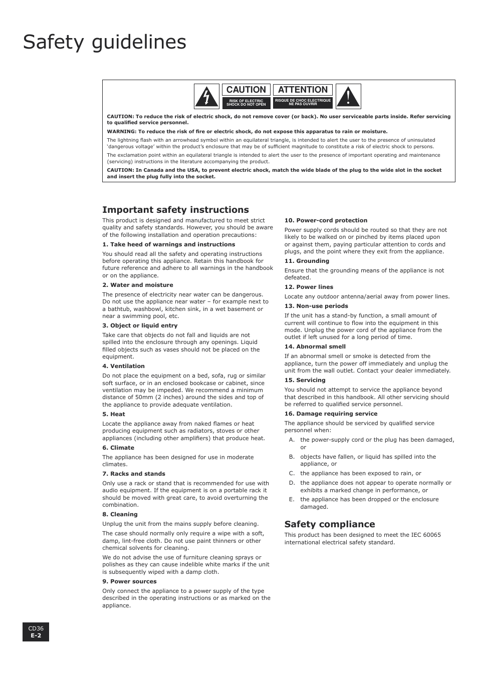 Safety guidelines, Important safety instructions, Safety compliance | English, Attention caution | Arcam CD36 User Manual | Page 2 / 10