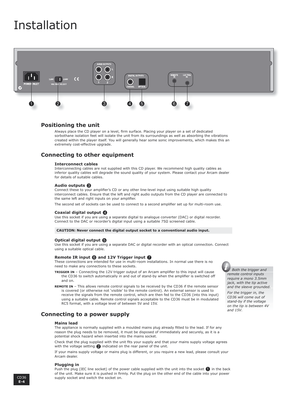 Installation, Positioning the unit, Connecting to other equipment | Connecting to a power supply, E-4 connecting to other equipment, E-4 connecting to a power supply | Arcam CD36 User Manual | Page 4 / 10