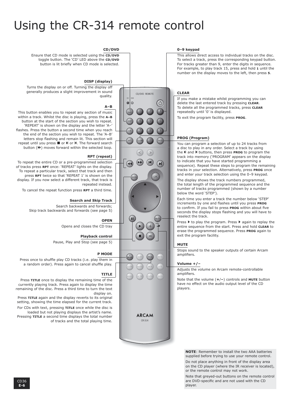 Using the cr-314 remote control, English, En g li sh | Arcam CD36 User Manual | Page 6 / 10