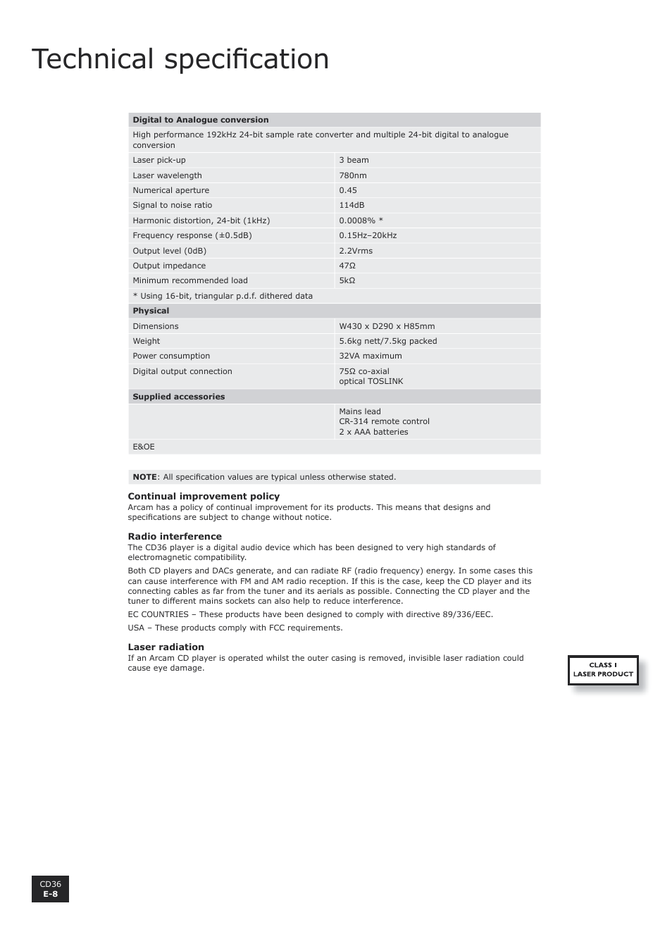 Technical specification, Technical specifi cation | Arcam CD36 User Manual | Page 8 / 10