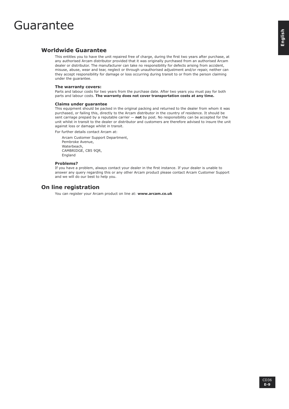 Guarantee, Worldwide guarantee, On line registration | E-9 on line registration | Arcam CD36 User Manual | Page 9 / 10