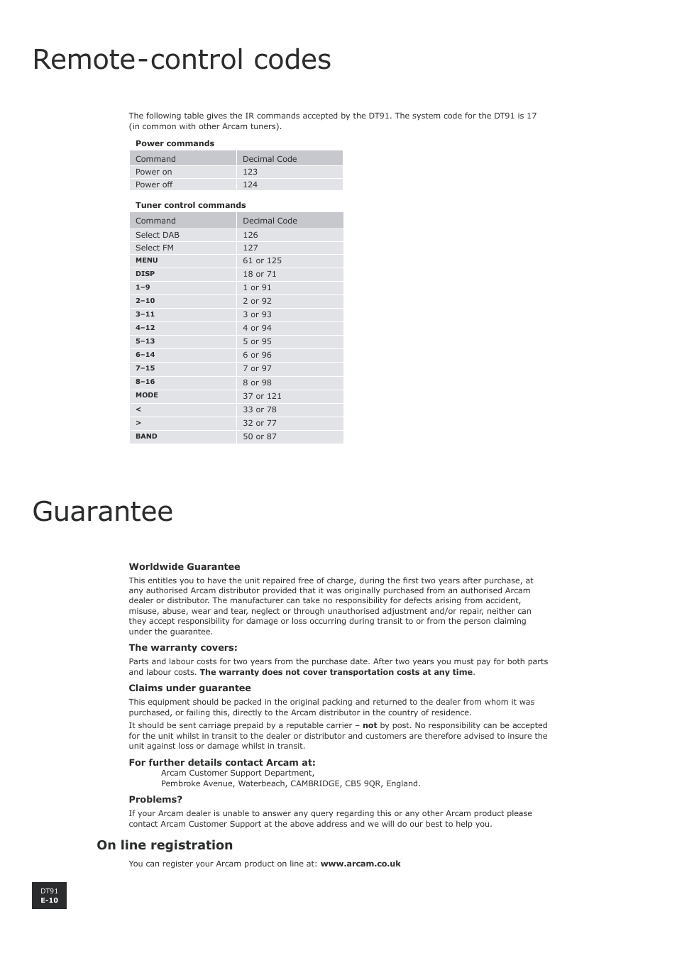 Remote-control codes, Guarantee, On line registration | E-10 | Arcam digital radio tuner DT91 User Manual | Page 10 / 15