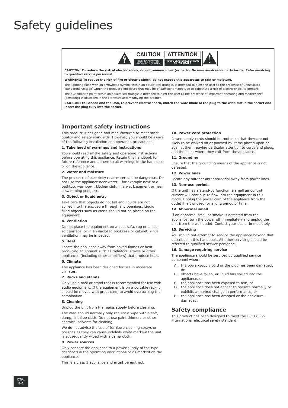 Safety guidelines, Important safety instructions, Safety compliance | Attention caution | Arcam digital radio tuner DT91 User Manual | Page 2 / 15