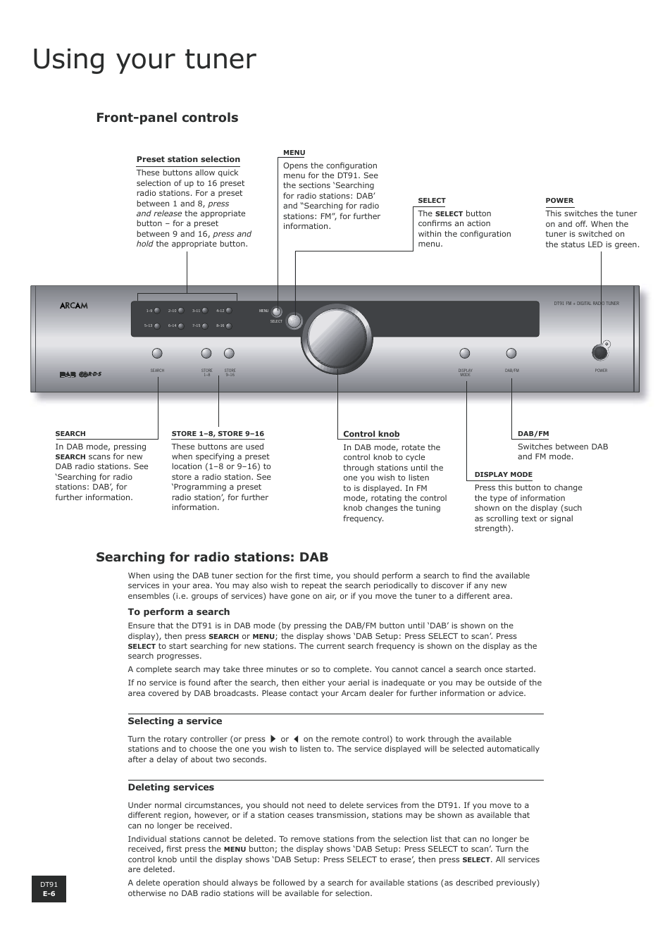 Using your tuner, Front-panel controls, Searching for radio stations: dab | E-6 searching for radio stations: dab | Arcam digital radio tuner DT91 User Manual | Page 6 / 15