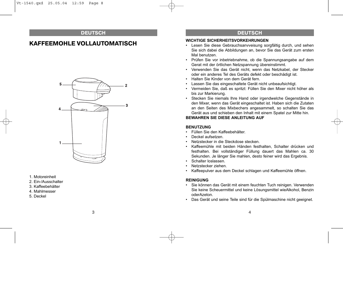 Kaffeemohle vollautomatisch | Vitek VT-1540 User Manual | Page 4 / 4