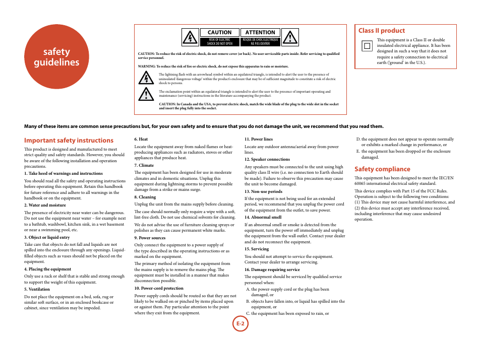 Safety guidelines, Important safety instructions, Safety compliance | Class ii product | Arcam surround	amplifier/AVprocessor AVR500	/	AVR600	/	AV888 User Manual | Page 2 / 74