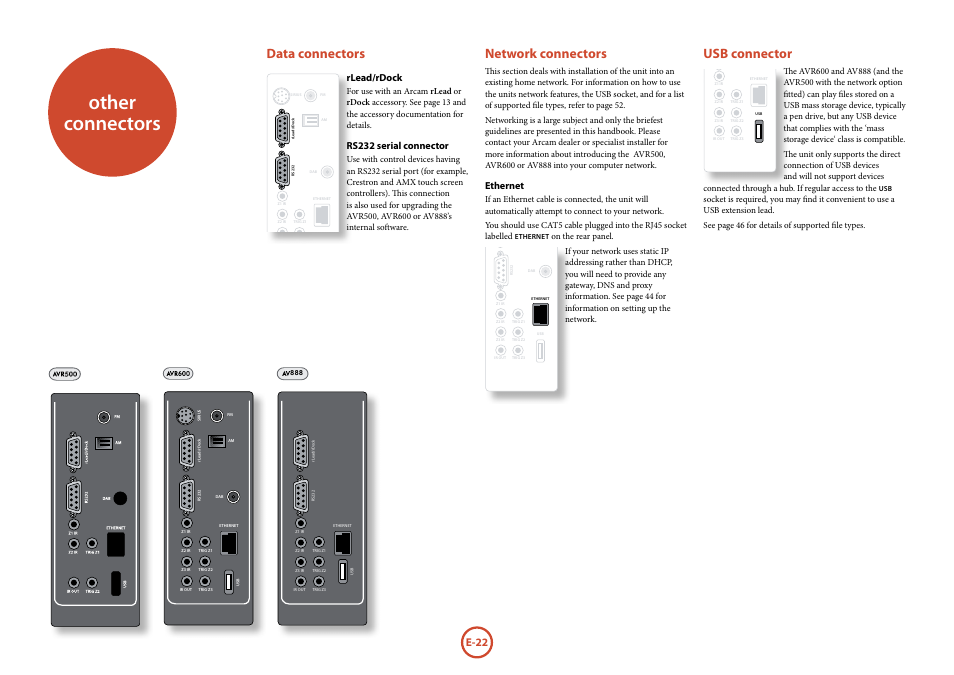 Other connectors, Data connectors, Network connectors | Usb connector, E-22, Rlead/rdock, Rs232 serial connector, Ethernet | Arcam surround	amplifier/AVprocessor AVR500	/	AVR600	/	AV888 User Manual | Page 24 / 74