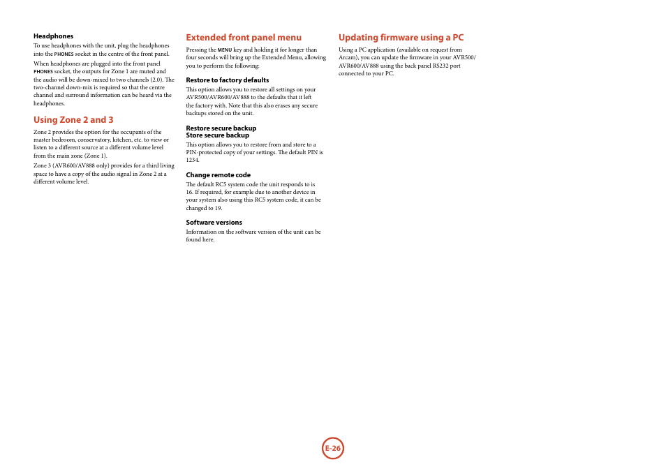 Using zone 2 and 3, Extended front panel menu, Updating firmware using a pc | Arcam surround	amplifier/AVprocessor AVR500	/	AVR600	/	AV888 User Manual | Page 28 / 74