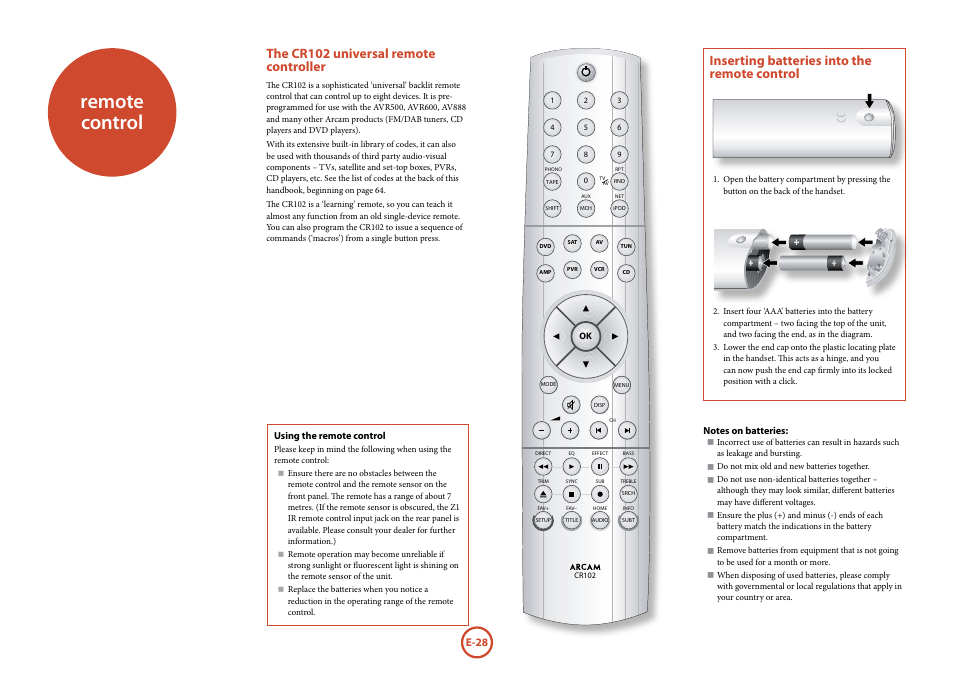 Remote control, Inserting batteries into the remote control, The cr102 universal remote controller | Arcam surround	amplifier/AVprocessor AVR500	/	AVR600	/	AV888 User Manual | Page 30 / 74