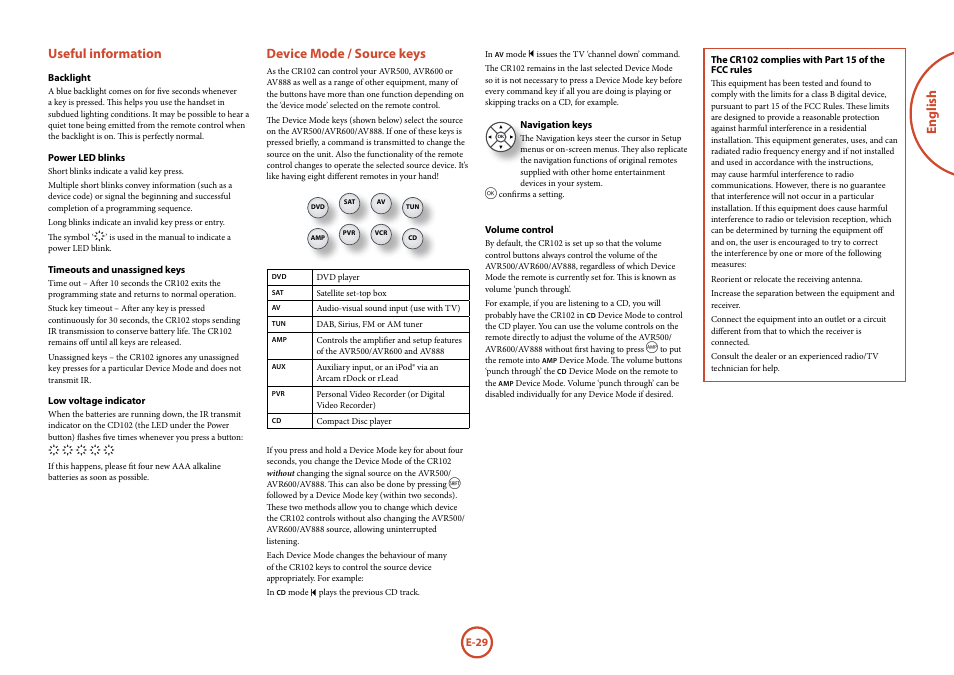 English, Useful information, Device mode / source keys | Arcam surround	amplifier/AVprocessor AVR500	/	AVR600	/	AV888 User Manual | Page 31 / 74