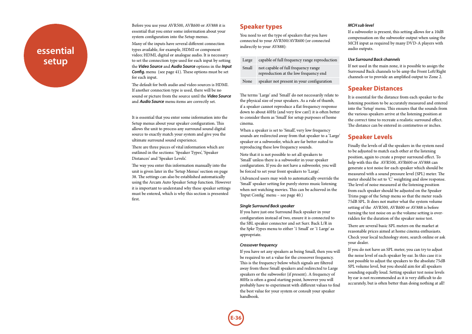 Essential setup, Speaker types, Speaker distances | Speaker levels | Arcam surround	amplifier/AVprocessor AVR500	/	AVR600	/	AV888 User Manual | Page 38 / 74