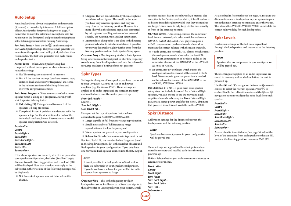 Auto setup, Spkr types, Spkr distance | Spkr levels | Arcam surround	amplifier/AVprocessor AVR500	/	AVR600	/	AV888 User Manual | Page 44 / 74