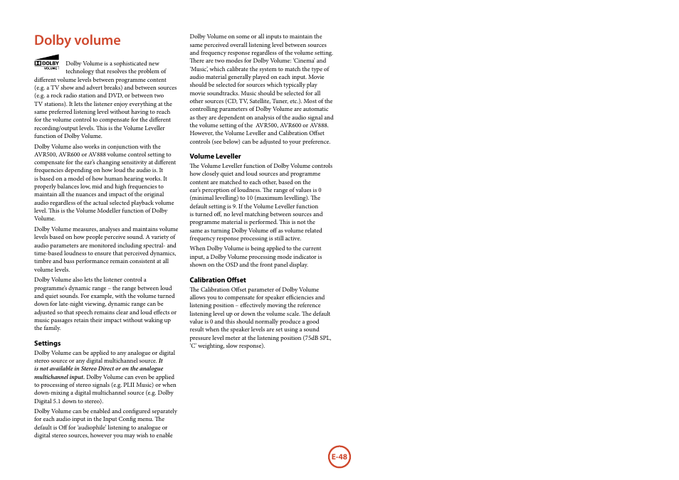 Dolby volume | Arcam surround	amplifier/AVprocessor AVR500	/	AVR600	/	AV888 User Manual | Page 50 / 74