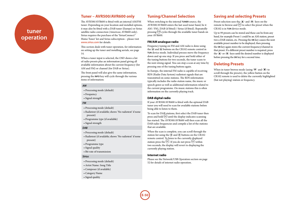Tuner operation, Tuning/channel selection, Saving and selecting presets | Deleting presets | Arcam surround	amplifier/AVprocessor AVR500	/	AVR600	/	AV888 User Manual | Page 52 / 74