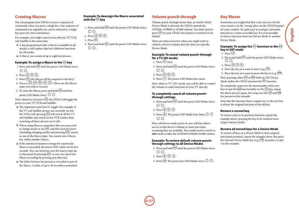 English, Volume punch-through, Key mover | Creating macros | Arcam surround	amplifier/AVprocessor AVR500	/	AVR600	/	AV888 User Manual | Page 59 / 74