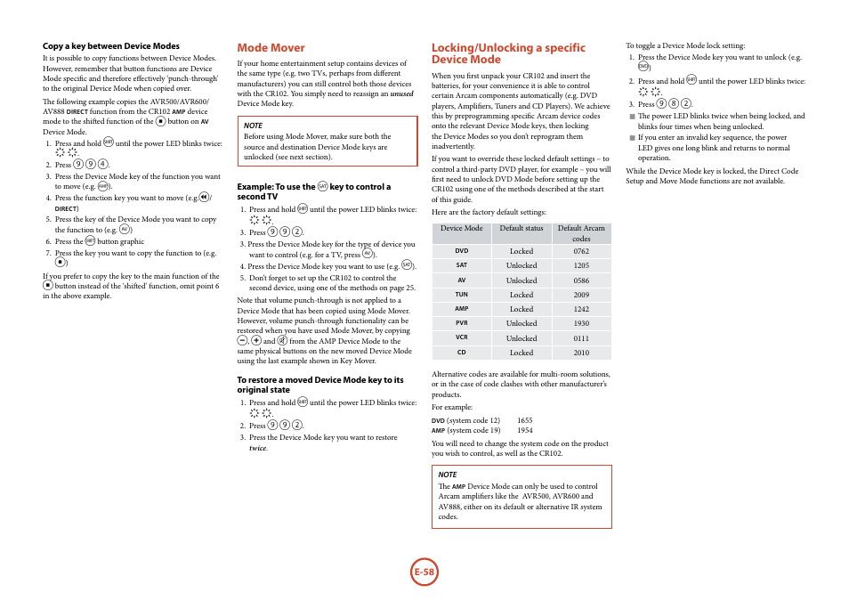 Mode mover, Locking/unlocking a specific device mode | Arcam surround	amplifier/AVprocessor AVR500	/	AVR600	/	AV888 User Manual | Page 60 / 74