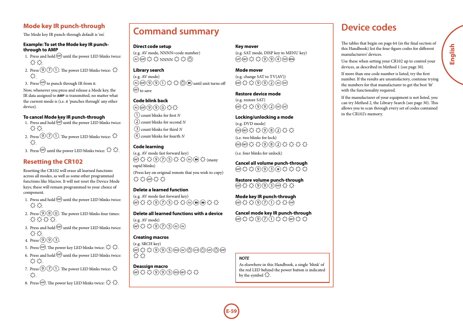 Device codes, Command summary, English | Mode key ir punch-through, Resetting the cr102 | Arcam surround	amplifier/AVprocessor AVR500	/	AVR600	/	AV888 User Manual | Page 61 / 74