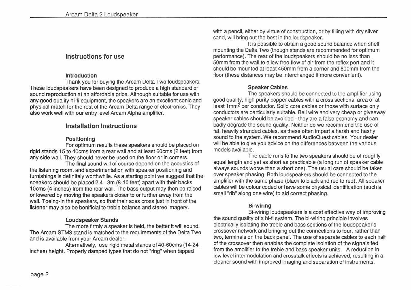 Introduction, Positioning, Loudspeaker stands | Speaker cables, Bi-wiring, Instructions for use, Installation instructions | Arcam Delta 2 User Manual | Page 2 / 4