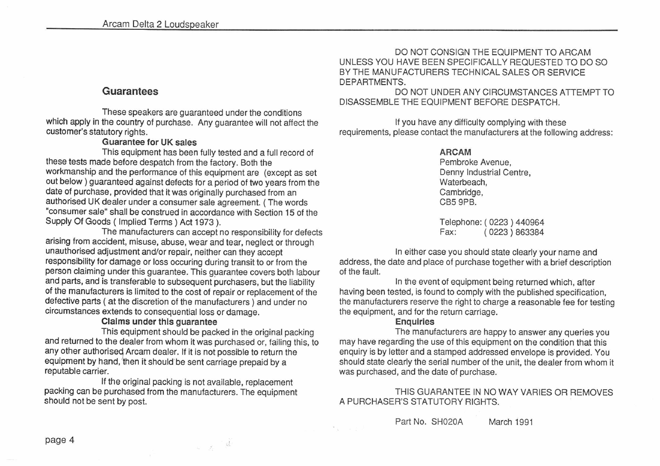 Guarantees | Arcam Delta 2 User Manual | Page 4 / 4