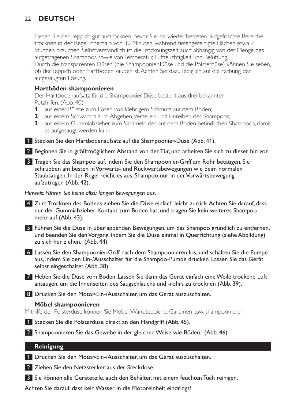 Hartböden shampoonieren, Möbel shampoonieren, Reinigung | Philips Triathlon Aspirateur Eau et Poussière User Manual | Page 22 / 92