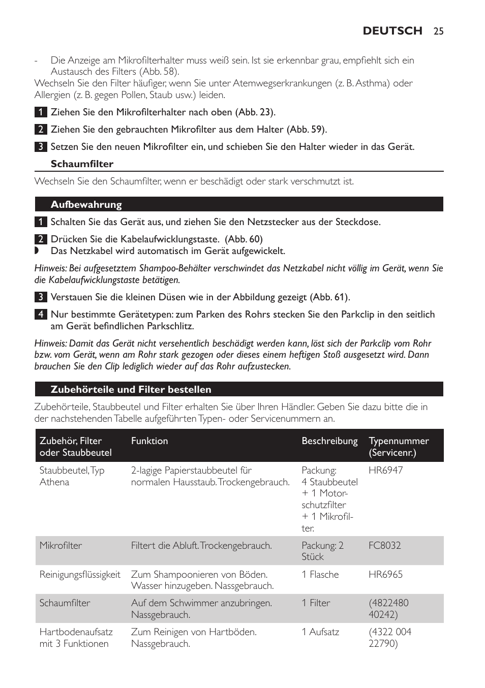 Schaumfilter, Aufbewahrung, Zubehörteile und filter bestellen | Philips Triathlon Aspirateur Eau et Poussière User Manual | Page 25 / 92