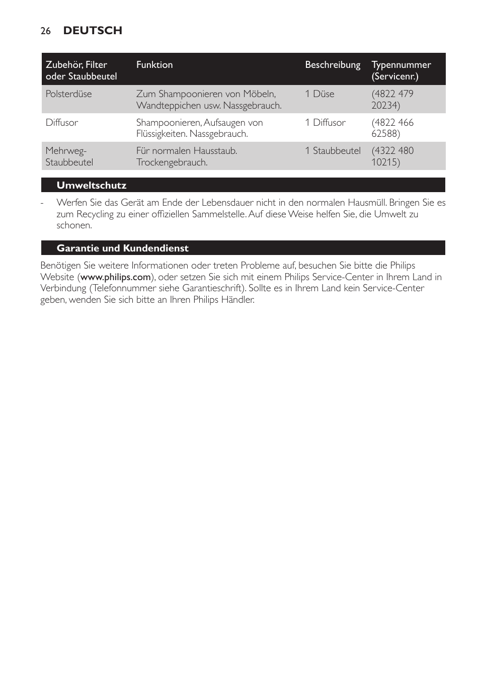 Umweltschutz, Garantie und kundendienst | Philips Triathlon Aspirateur Eau et Poussière User Manual | Page 26 / 92