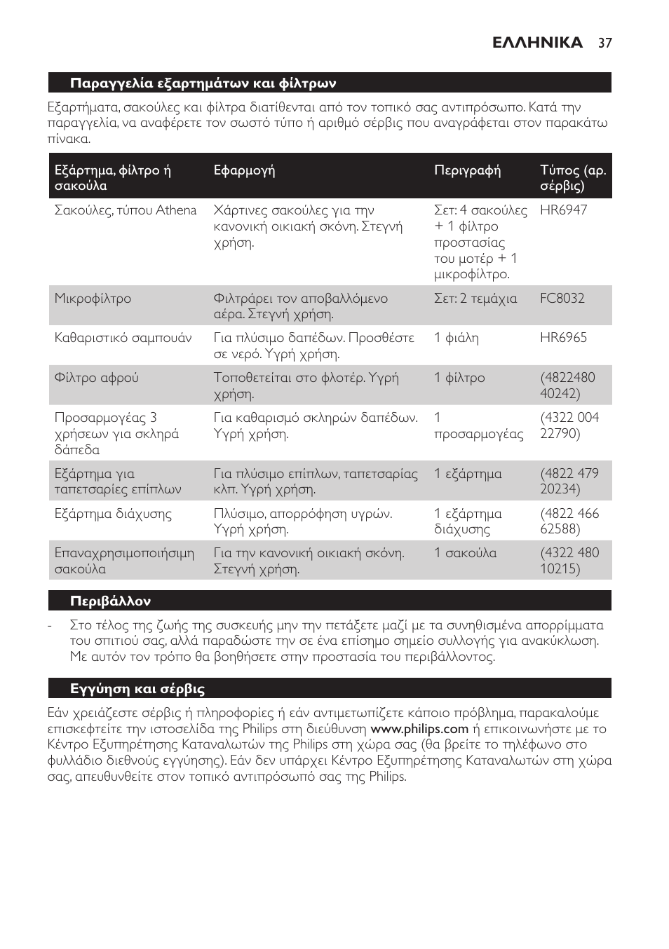 Παραγγελία εξαρτημάτων και φίλτρων, Περιβάλλον, Εγγύηση και σέρβις | Philips Triathlon Aspirateur Eau et Poussière User Manual | Page 37 / 92