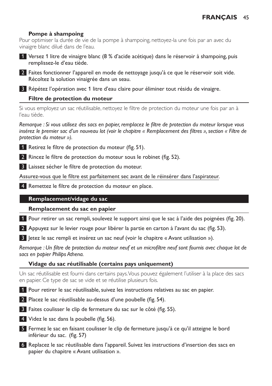 Pompe à shampoing, Filtre de protection du moteur, Remplacement/vidage du sac | Remplacement du sac en papier | Philips Triathlon Aspirateur Eau et Poussière User Manual | Page 45 / 92