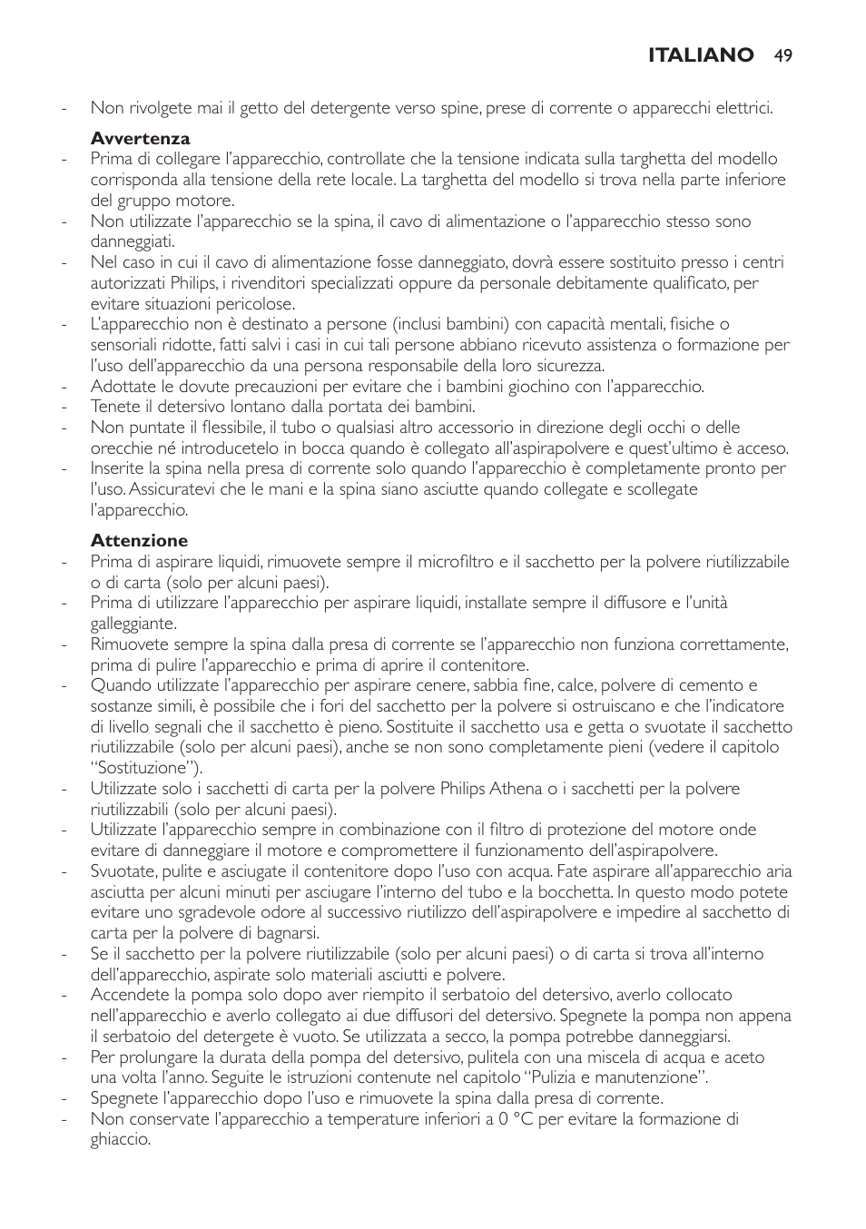 Avvertenza, Attenzione | Philips Triathlon Aspirateur Eau et Poussière User Manual | Page 49 / 92