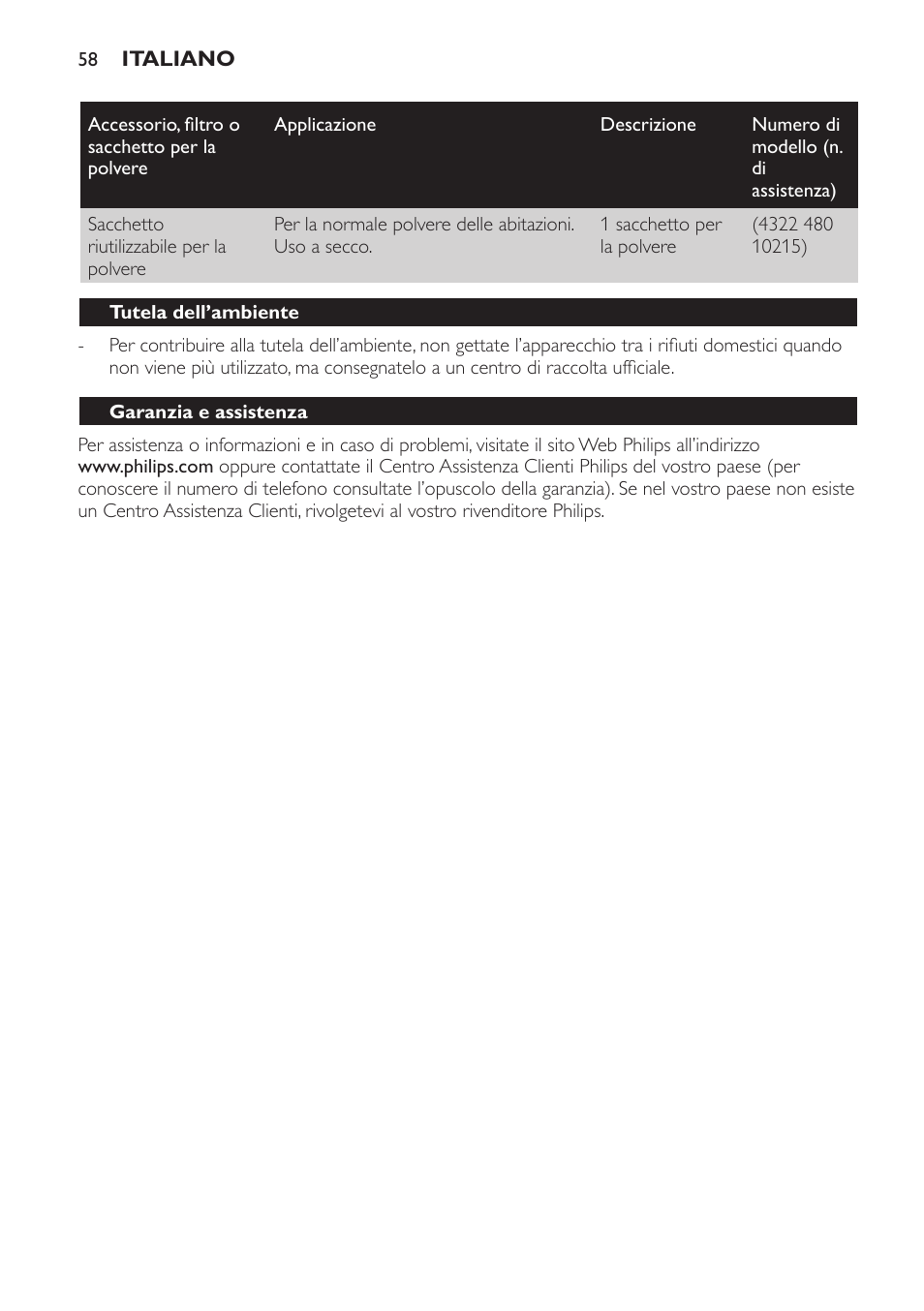 Tutela dell’ambiente, Garanzia e assistenza | Philips Triathlon Aspirateur Eau et Poussière User Manual | Page 58 / 92