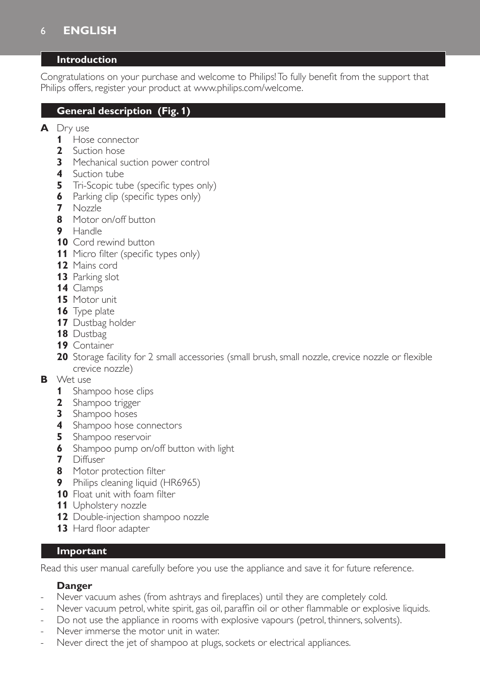 English, Introduction, General description (fig. 1) | Important, Danger | Philips Triathlon Aspirateur Eau et Poussière User Manual | Page 6 / 92