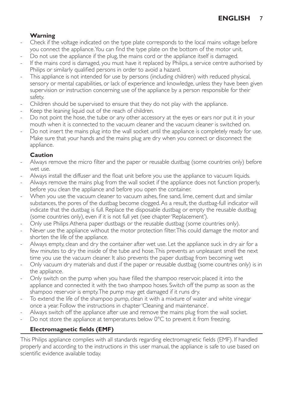 Warning, Caution, Electromagnetic fields (emf) | Philips Triathlon Aspirateur Eau et Poussière User Manual | Page 7 / 92