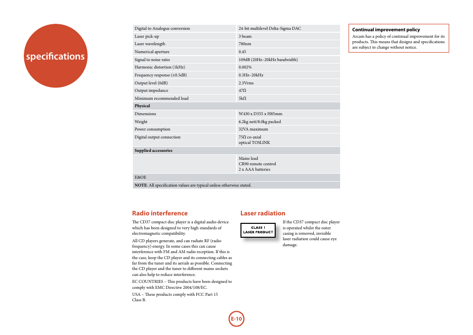 Specifications, Radio interference, Laser radiation | Arcam FMJ CD37 User Manual | Page 10 / 11