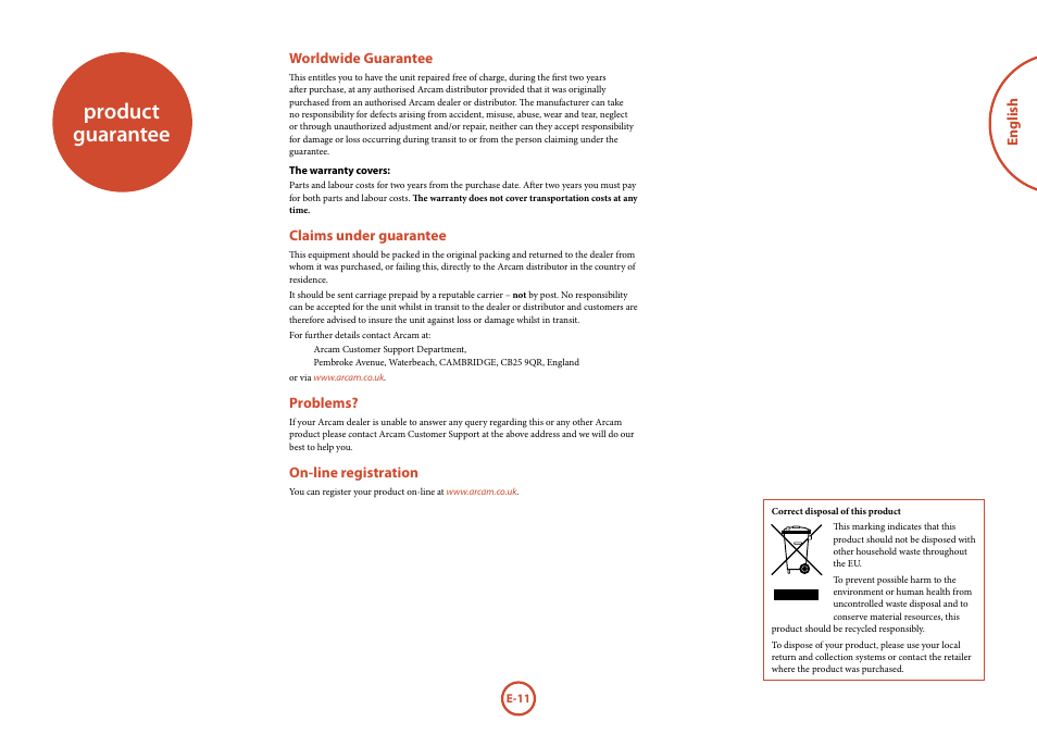 Product guarantee | Arcam FMJ CD37 User Manual | Page 11 / 11