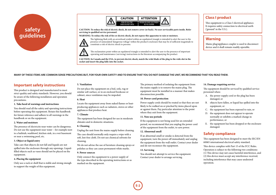 Safety guidelines, Important safety instructions, Safety compliance | Warning, Class i product | Arcam FMJ CD37 User Manual | Page 2 / 11