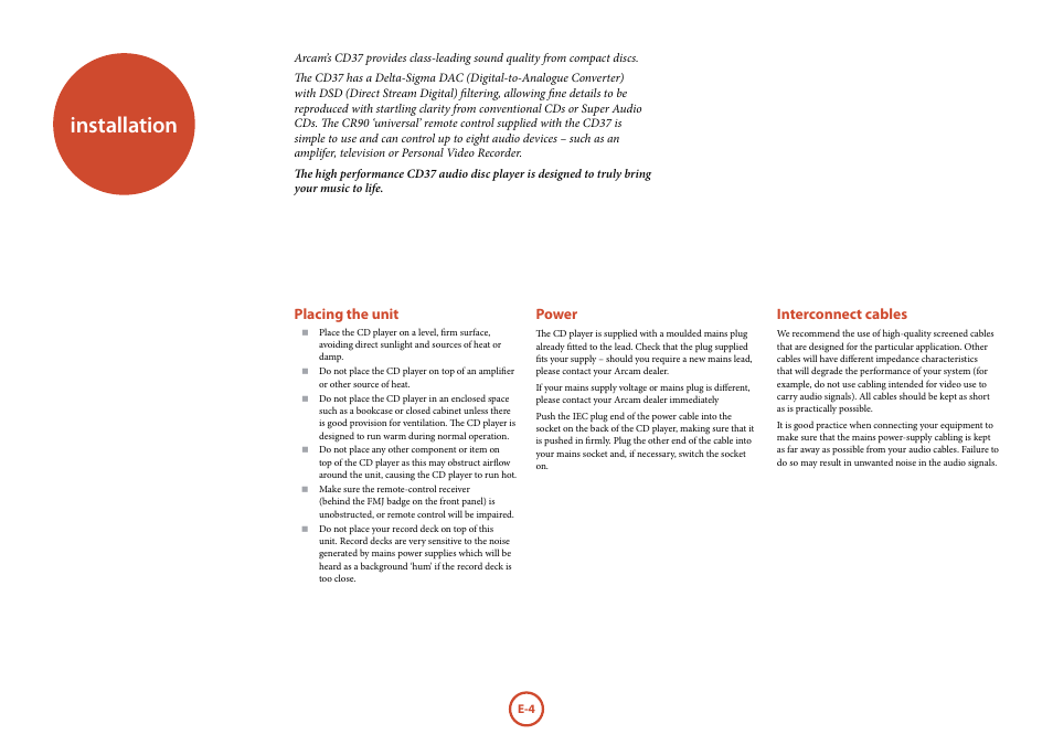Installation | Arcam FMJ CD37 User Manual | Page 4 / 11