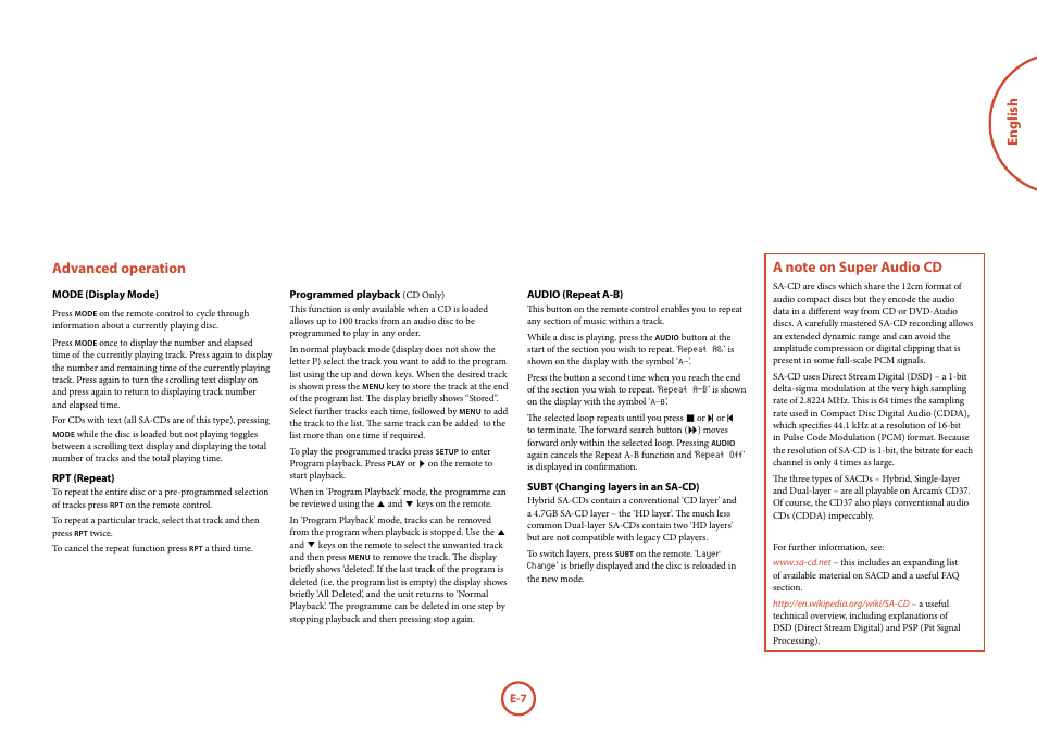 English advanced operation | Arcam FMJ CD37 User Manual | Page 7 / 11