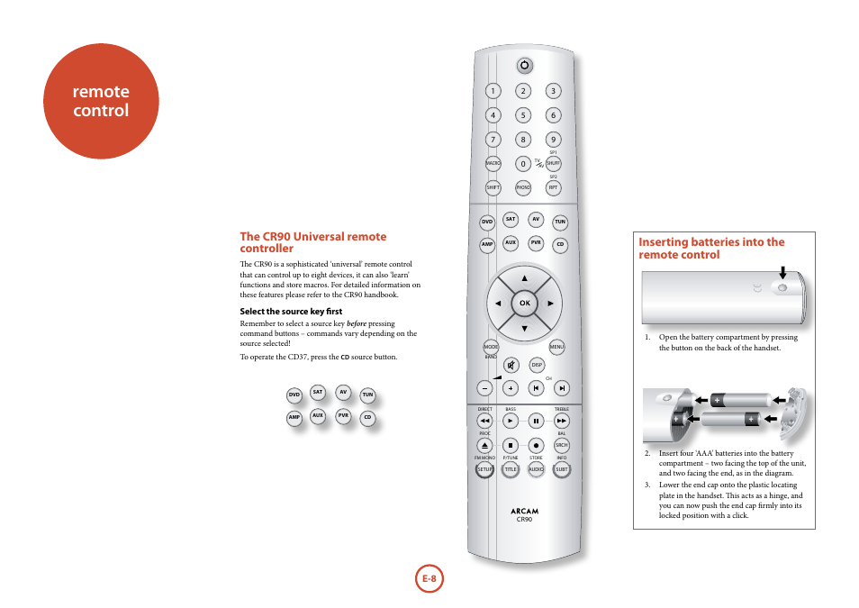 Remote control, Inserting batteries into the remote control, The cr90 universal remote controller | Arcam FMJ CD37 User Manual | Page 8 / 11